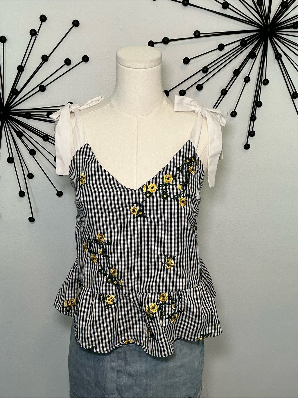 Shein Gingham Floral Embroidered Tie Strap Peplum Top Size Small Cottagecore